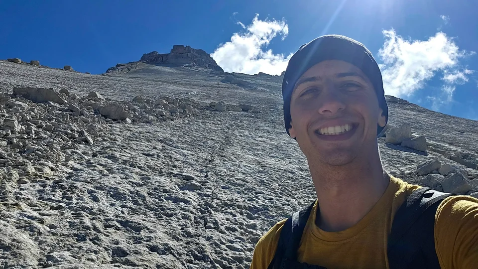Me on Antelao's steepest section, wearing a hat
